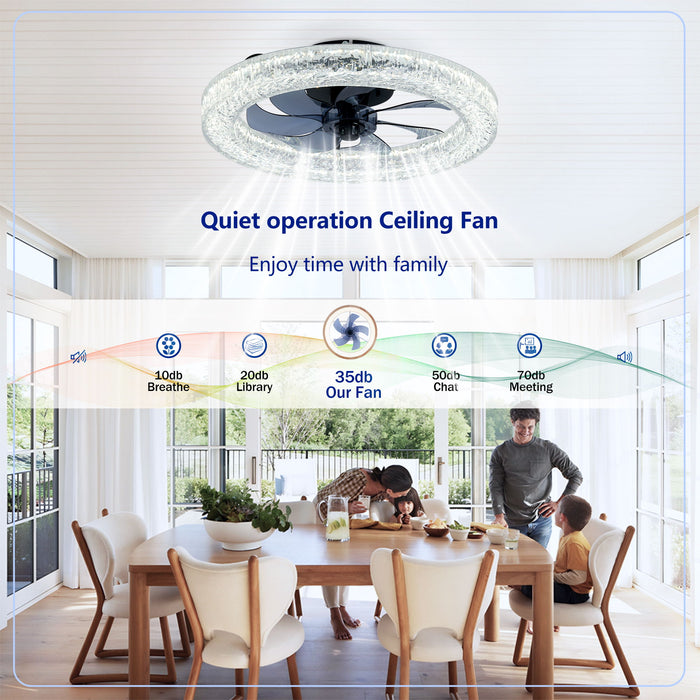 LED Light Source And Remote Control, 3000 - 6500K Dimmable Flush Mount LED Fan Light, 6 Speeds, Quiet DC Motor For Living Room - Matte Black