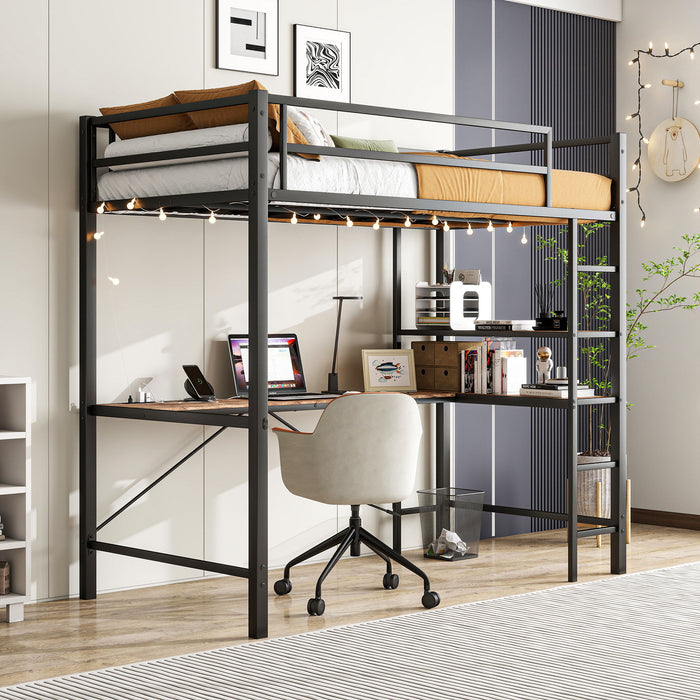 Space Saving Twin Size Loft Bed With L Shaped Desk, Shelves, Charging Station, Led Lights - Brown
