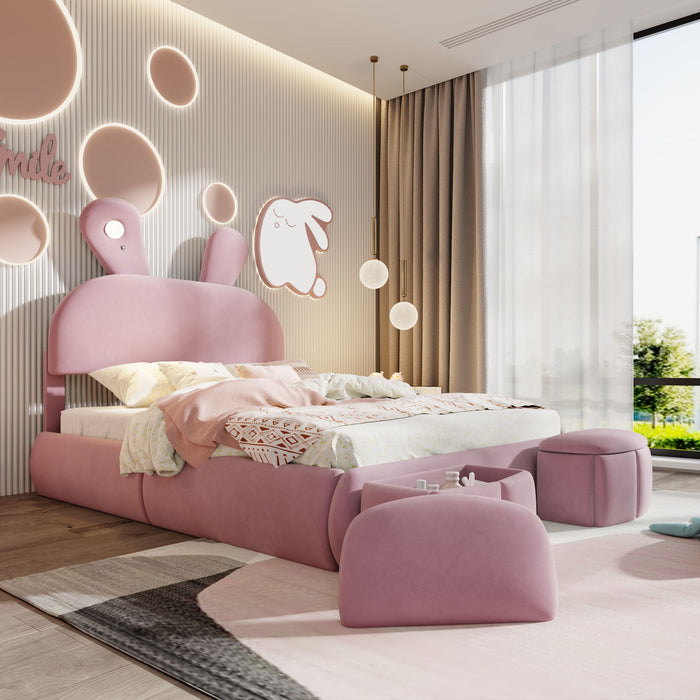 Full Upholstered Platform Bed With Cartoon Ears Headboard And LED Light - Pink