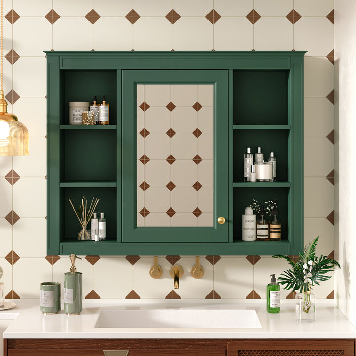 Wall Mounted Medicine Cabinet With Mirror, Storage Cabinet Featuring 6 Open Shelves And Adjustable Interior