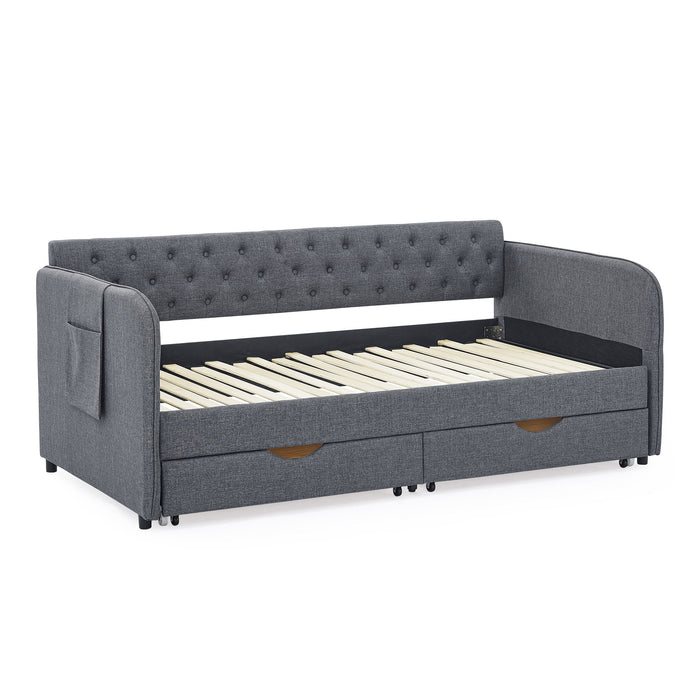 Daybed With Trundle And Storage Drawers, Flat Arms With Pocket