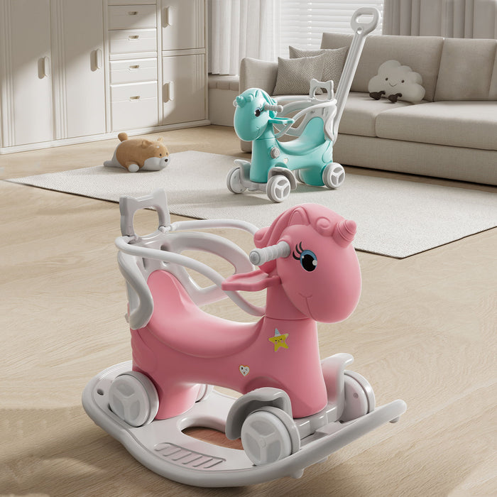 Unicorn Rocking Horse For Toddlers, Ride On Toy With Push Handle And Balance Board - Pink