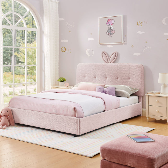 Upholstered Bed With Oversized Rabbit Ear Headboard, LED Lights & 4 Storage Drawers