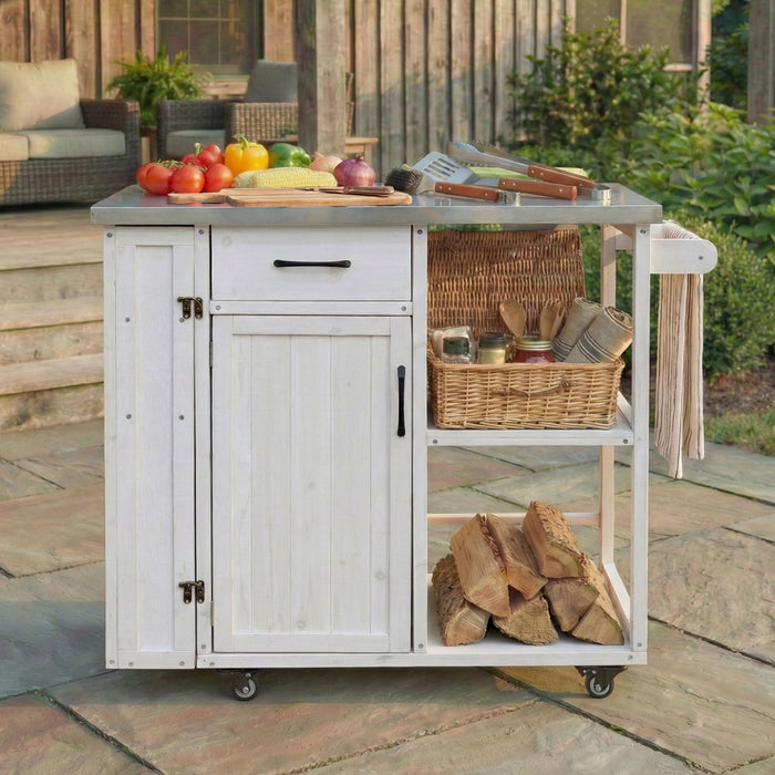 Outdoor Kitchen Island Prep Station With Lockable Wheels, Ample Storage, Towel & Spice Racks