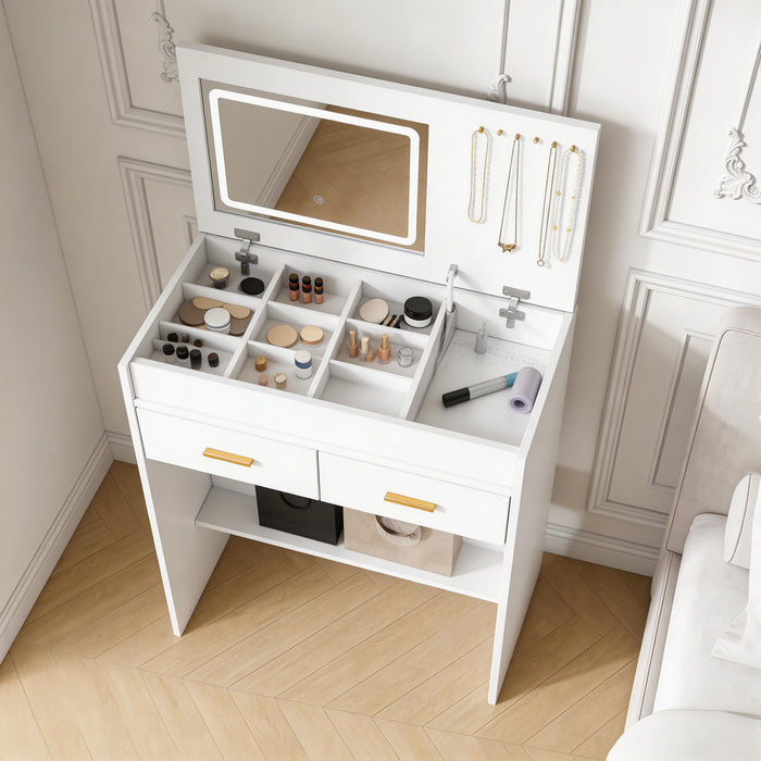 Flip Top Vanity Desk With LED Mirror & Outlet Makeup Table With 2 Drawers, Open Storage, And Jewelry Hooks - White