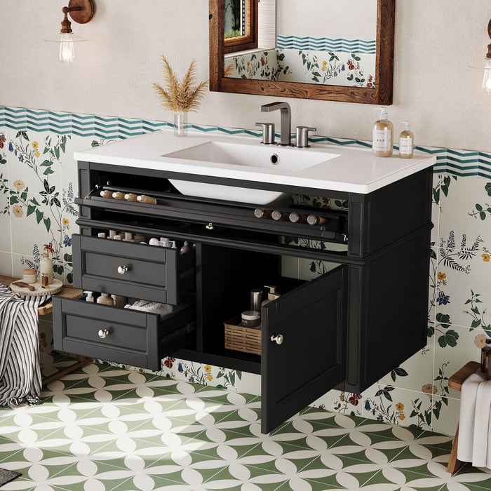 Modern Wall Mounted Floating Cabinet With Double Drawer And Sink