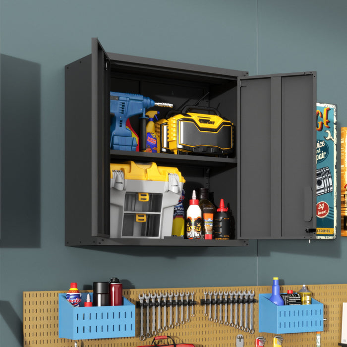 Metal Wall Mounted Tool Storage Cabinet With 2 Locking Doors, Adjustable Shelf, And Drawer