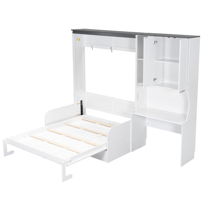 Multi Functional Murphy Bed With Sofa, Desk, And Storage Cabinet In, Full Size - White