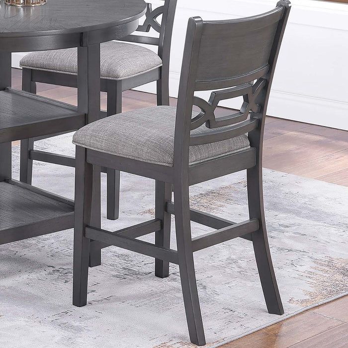 5 Piece Counter Height Dining Set With Storage Shelves Round Table And Upholstered High Chairs - Gray