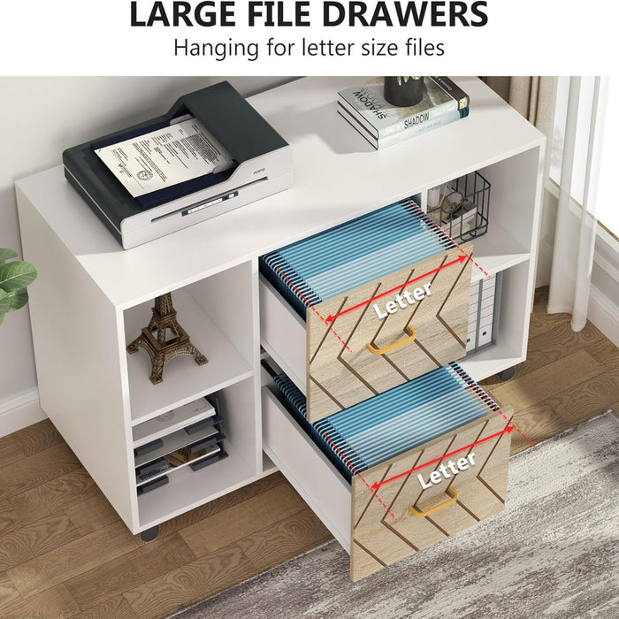 Large Mobile Lateral File Cabinet With 2 Drawers, Printer Stand & Storage Shelves, For Letter Size Files - White / Oak