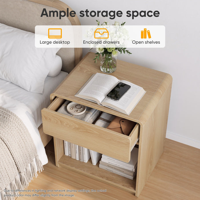 Bedside Table Set With Storage Drawers And Open Shelves, Compact With Rounded Corners (Set of 2) - Oak