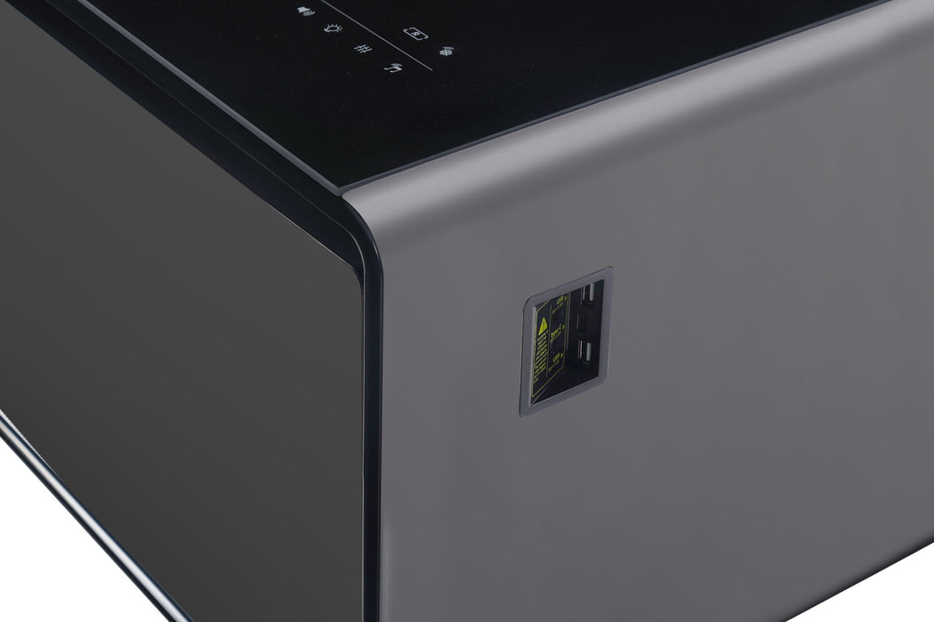 Modern Smart Coffee Table With Built-In Fridge, tooth Speaker, Wireless Charging Module, Touch Control Panel, Power Socket, USB Interface, Outlet Protection, Atmosphere Light