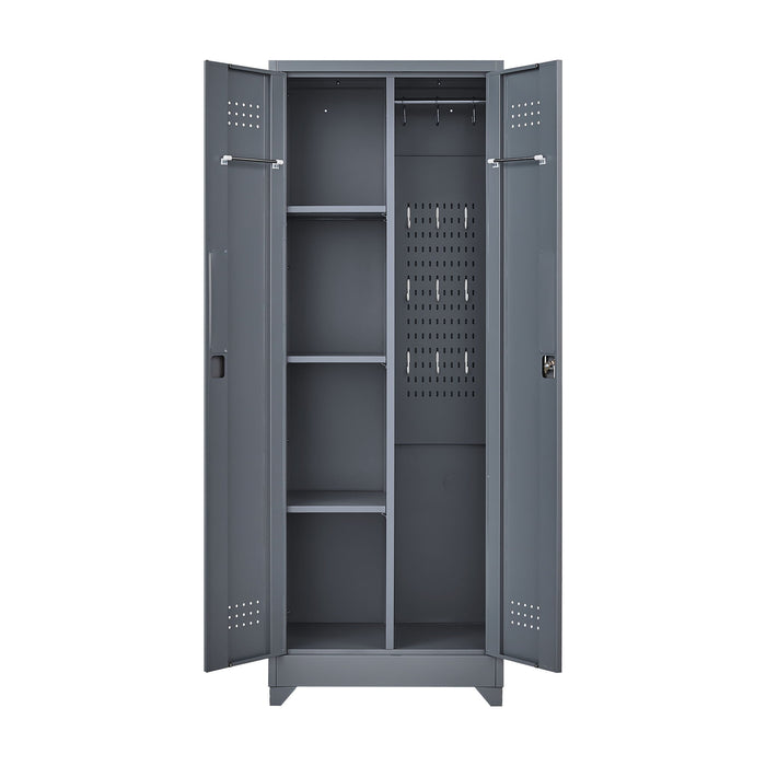 Heavy Duty Storage Cabinet With Locking Doors, Hanging Rod & Shelves, Broom Closet - Gray