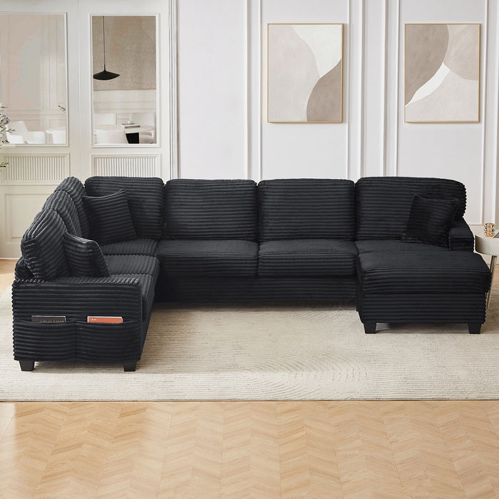 Upholstered U-Shaped Sectional Sofa With Movable Ottoman And Side Storage Pockets