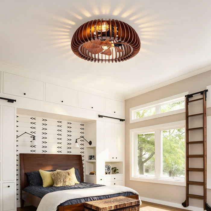 Semicircle Flush Mount Fan Light, (No Included Bulbs) And Remote Control, 6 Speeds, Quiet DC Motor For Living Room - Wood