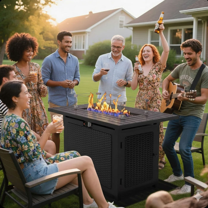 Outdoor 2 In 1 Propane Fire Pit Table With Lid & Glass Shield, Rectangular Fire Table, Lava Rock & Cover - Black