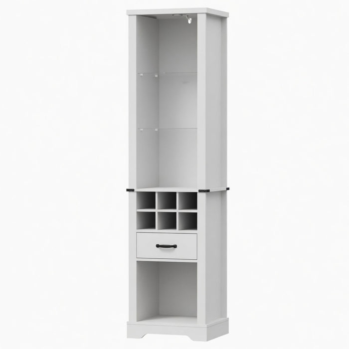 Pantry Cabinet With LED Lights, Wine Rack, Tempered Glass Shelves, And Barn Door Design - White