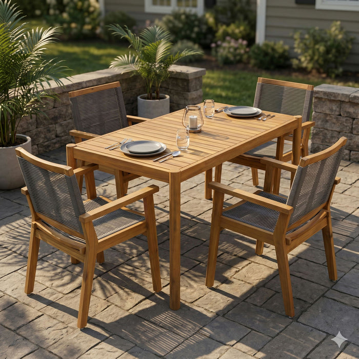 5 Piece Outdoor Dining Set With Table And Arm Chairs - Dark Gray / Light Teak / Teak