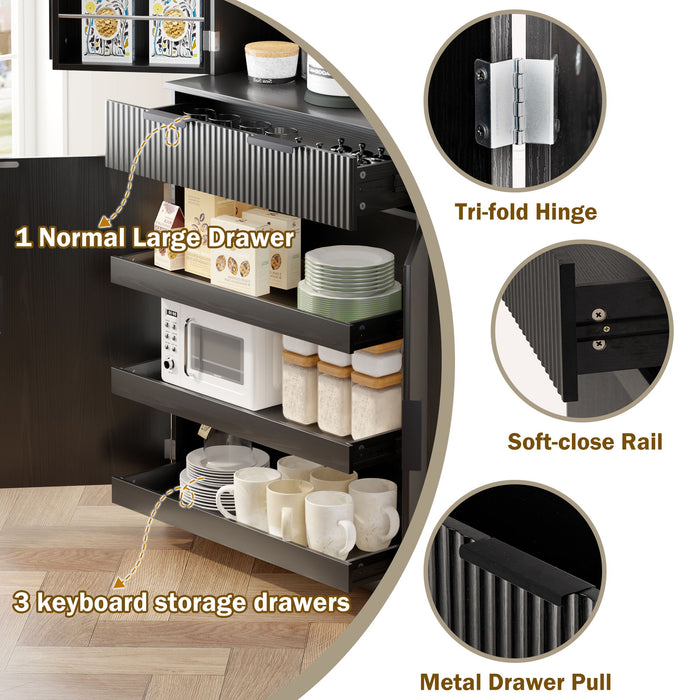 Fluted Kitchen Pantry Cabinet With 3 Keyboard Drawers & 6 Adjustable Door Shelves