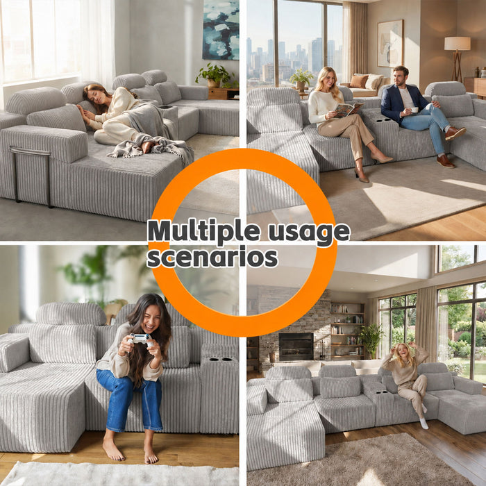 U-Shaped Sectional Sofa With Chaise Lounge And Cup Holders
