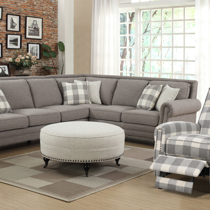 Willow Creek - Round Ottoman With Turned Feet, Nailhead Trim, And Seam Welting - Pebble Gray Stripe