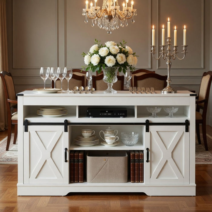 Farmhouse TV Stand With Sliding Barn Doors & Adjustable Storage