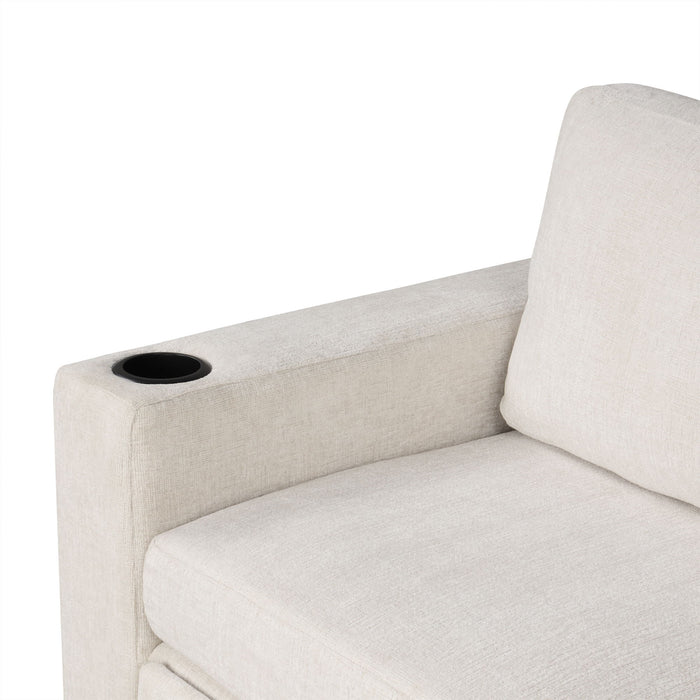 Modern 2 Seater Loveseat Sofa With Pull-Out Bed, Fabric, Built-In USB Ports & Cup Holders