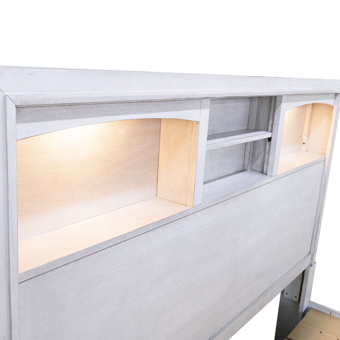 Bed Set With Storage Drawers, Open Shelves, And Built In LED Lighting