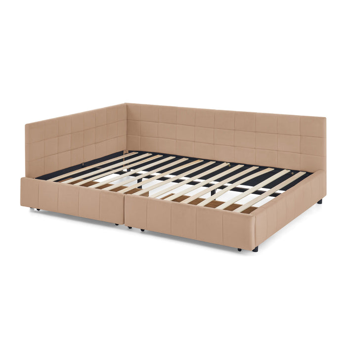 Mid-Century Storage Upholstered Tufted Bed Frame With Backrest And Armrests
