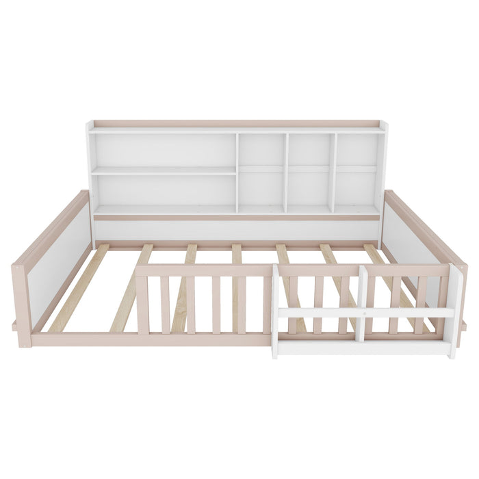 Platform Bed Frame With Guardrail, Storage Shelves & Bookshelf