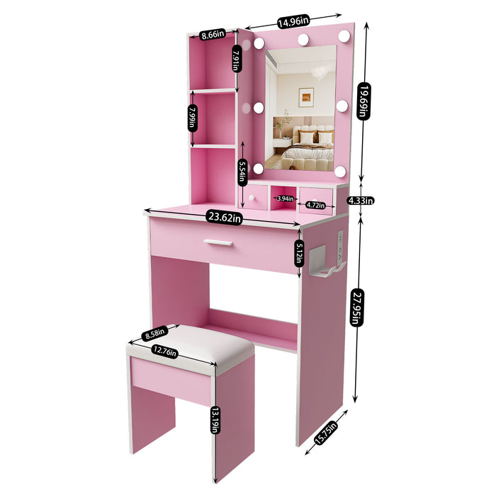 Vanity Table With Mirror, Adjustable LED Lights, Power Outlet, Hairdryer Holder & Stool