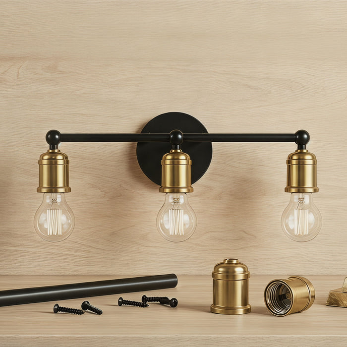 3 Light Wall Sconce, Vanity Light, No Bulbs Included - Black / Gold