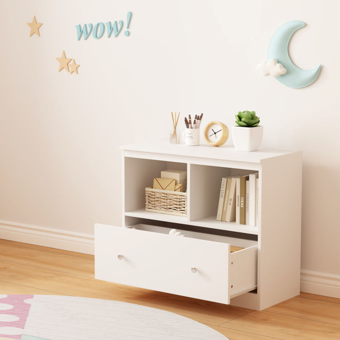 Toy Storage Organizer With Large Drawer And Low Bookshelf For Nursery & Playroom - White