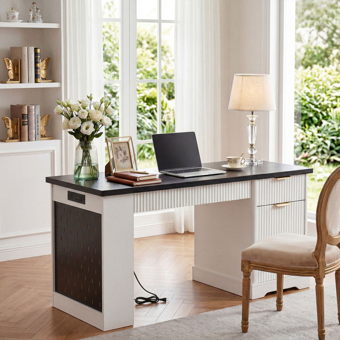 Modern Fluted Office Desk With Storage Cabinet