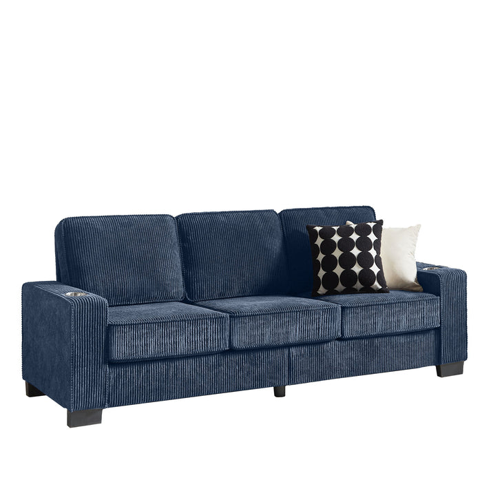 Modern Corduroy Fabric Sofa, 3 Seater Compressed Couch With Cup Holders