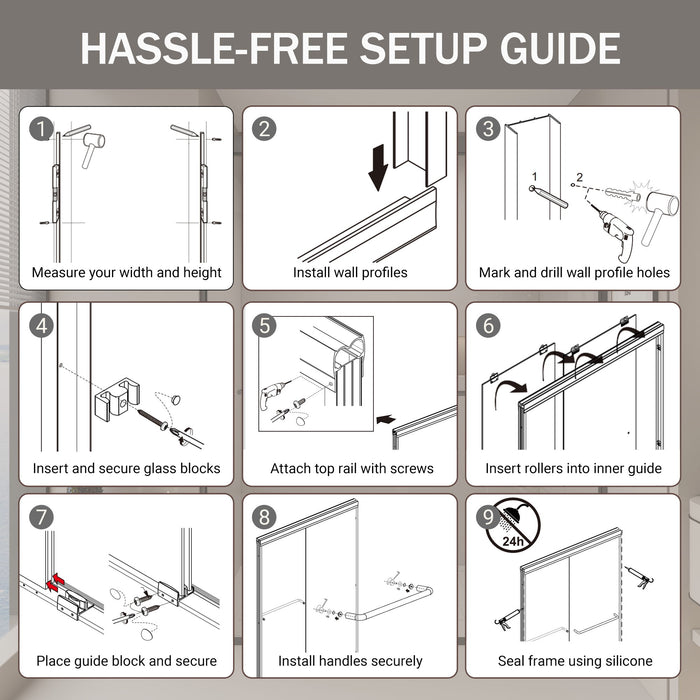 Double Sliding Shower Door, Semi-Frameless Bypass Bathroom Sliding Door With 1/4" (6 Mm) Tempered Glass For Walk-In Shower