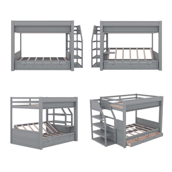 Wood Full Size Convertible Bunk Bed With Storage Staircase, Bedside Table, And 3 Drawers - Gray