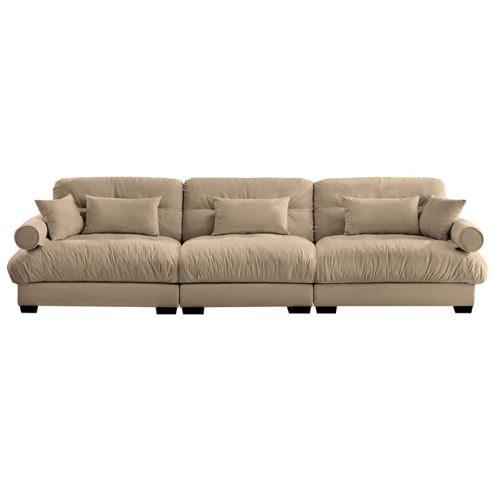 Modern Velvet Sofa With Bolstered Armrests And Pillows