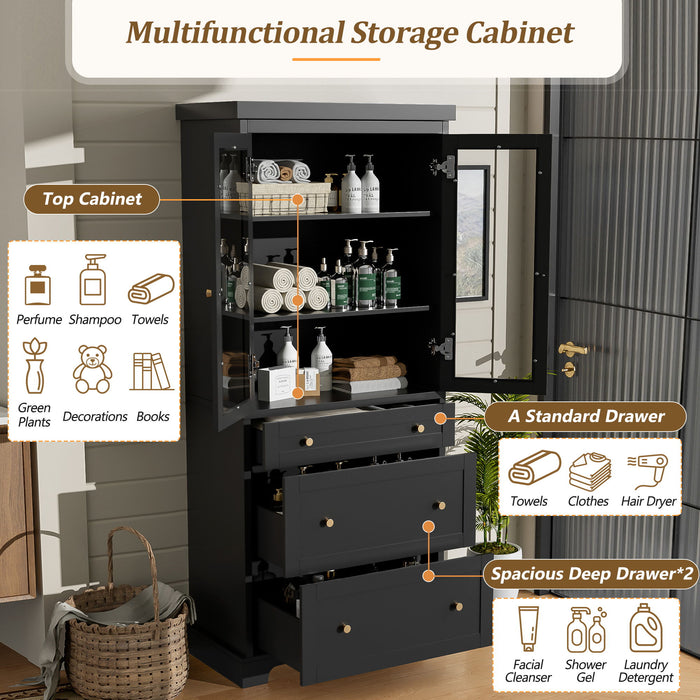 Freestanding Tall Bathroom Cabinet With Adjustable Shelves, Drawers, Soft Close Glass Doors