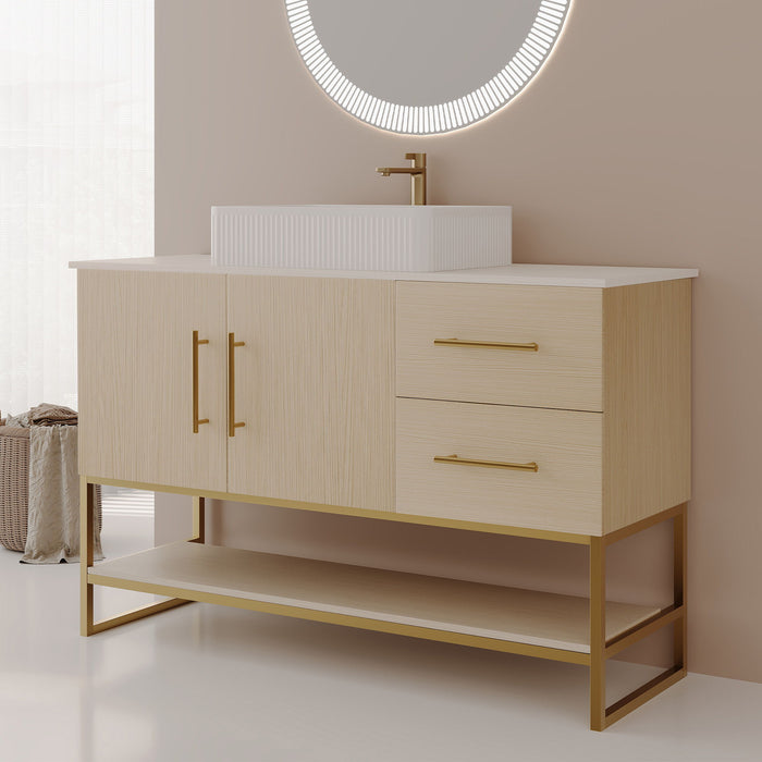 Bathroom Vanity With Vessel Sink Accent Free Standing Cabinet - Ameican White Oak / Gold / White