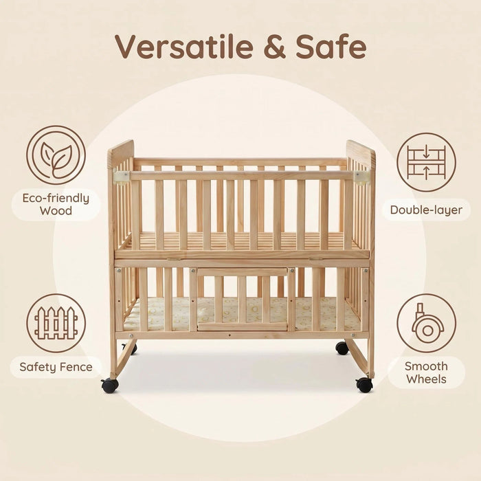 Portable Mini Baby Crib 5 In 1 Convertible With Foldable Storage - Natural Wood