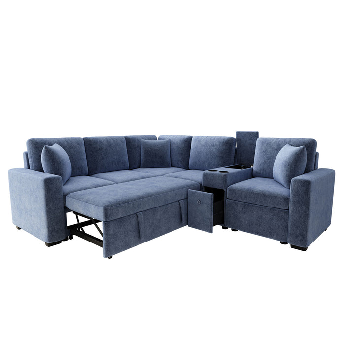 Contemporary L Shaped Convertible Sofa Bed With Pull Out Bed, Cup Holders, And Storage