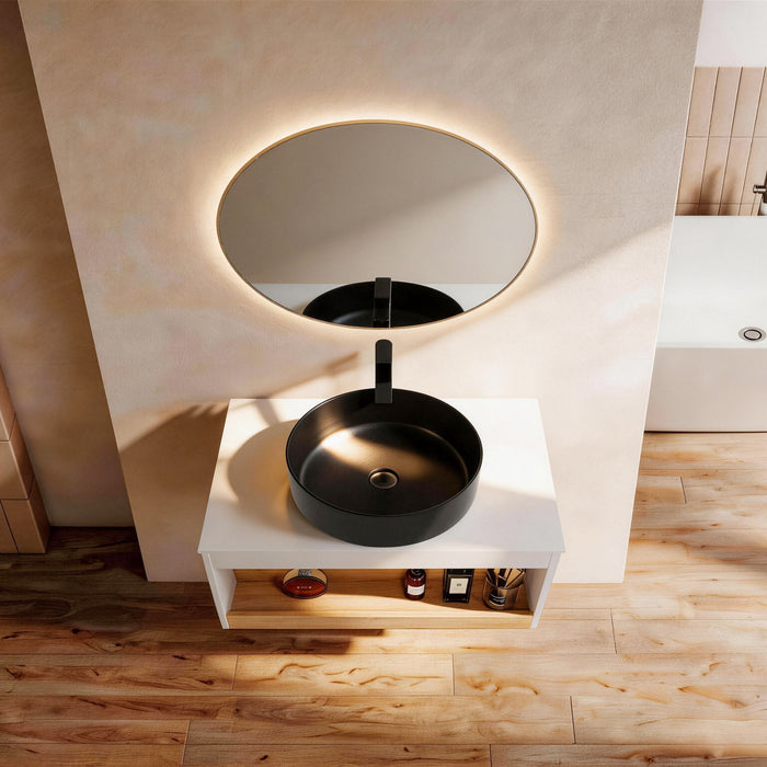 Floating Bathroom Vanity With Glossy Round Vessel Sink