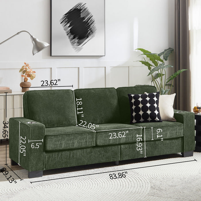 Modern Corduroy Fabric Sofa, 3 Seater Compressed Couch With Cup Holders