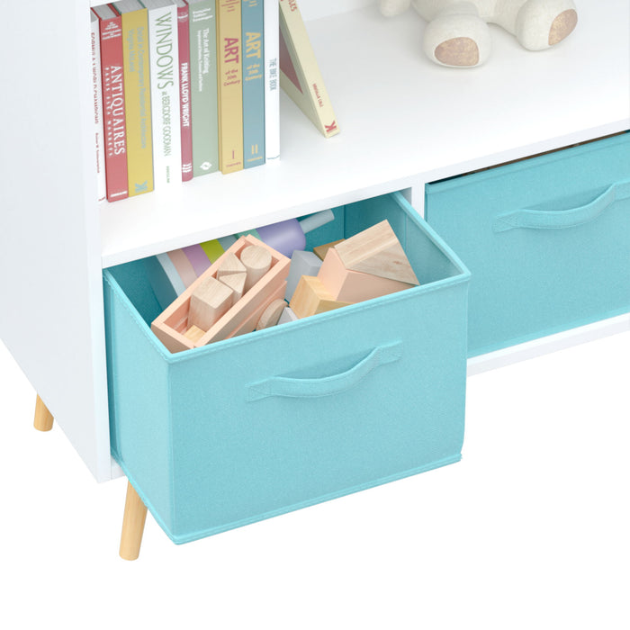 Bookcase With Collapsible Drawers, Book Display Storage Cabinet Organizer - White / Blue