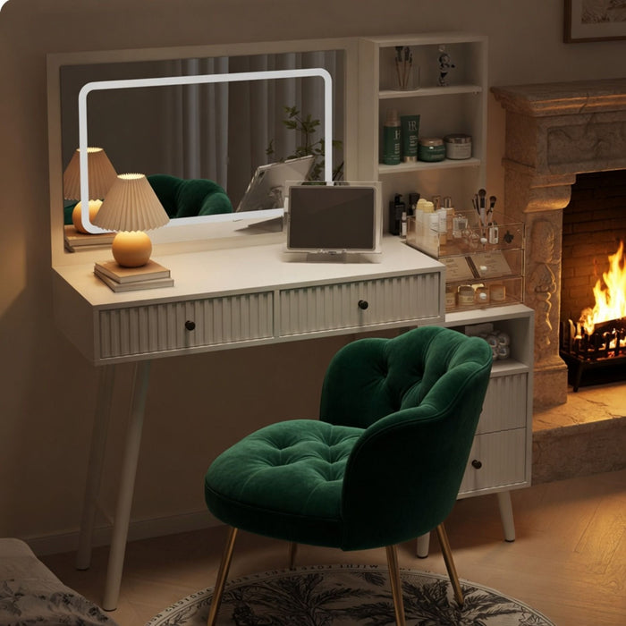 Fluted Vanity Desk With Lighted Mirror & Outlet 4 Drawer, Makeup Table - White
