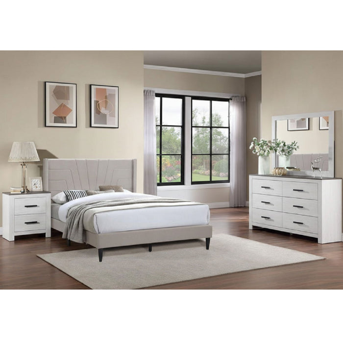 Eastern King Size Platform Bed, Upholstered Headboard - Light Brown