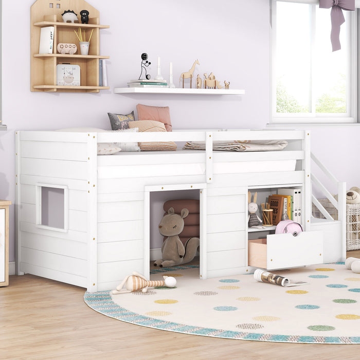 Low Loft Bed With Stair, Drawer, And Shelf