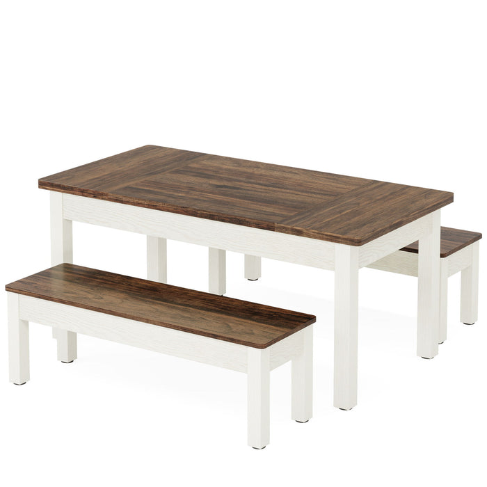 Dining Table Set For 4 - 6 With Tuck Under Benches - Brown / White