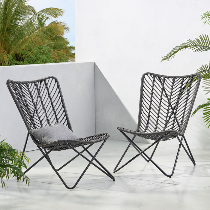 Outdoor Wicker Chair With Geometric Cross Base, (Set of 2) - Gray